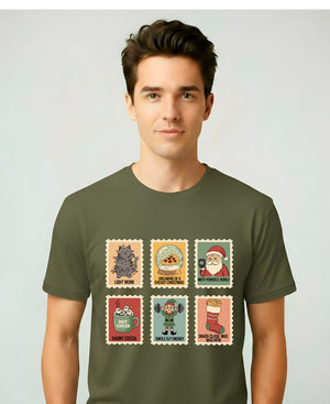 “Christmas Stamp Collection Meme Funny Tee – funny holiday meme t-shirt with retro stamp collage design”