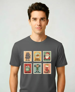 “Christmas Stamp Collection Meme Funny Tee – funny holiday meme t-shirt with retro stamp collage design”