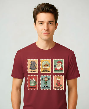 “Christmas Stamp Collection Meme Funny Tee – funny holiday meme t-shirt with retro stamp collage design”