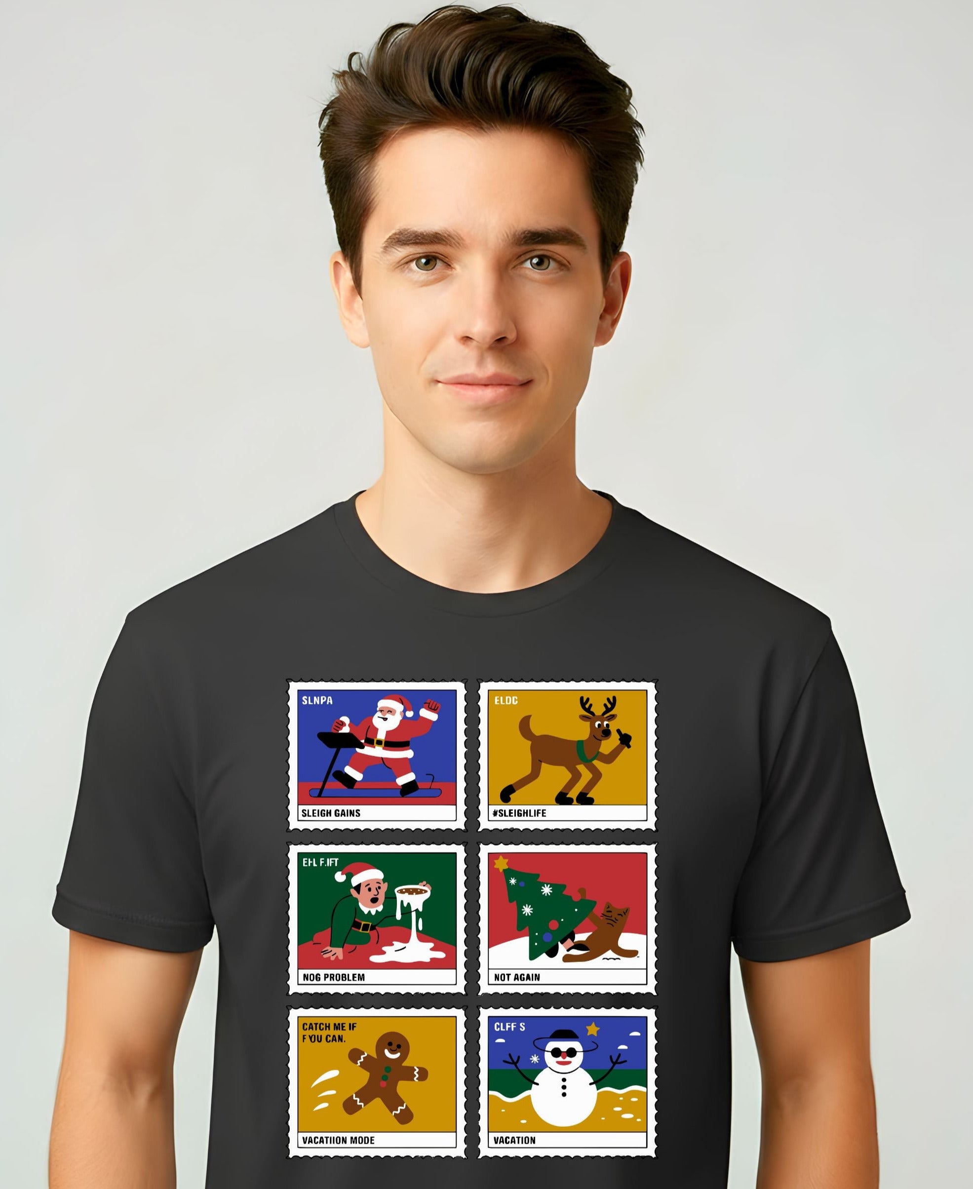 Christmas Stamps Meme Funny Tee β Red and white meme-style Christmas t-shirt with funny holiday mail design.