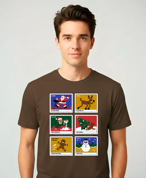 Christmas Stamps Meme Funny Tee – Red and white meme-style Christmas t-shirt with funny holiday mail design.