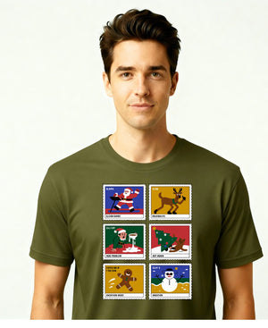Christmas Stamps Meme Funny Tee – Red and white meme-style Christmas t-shirt with funny holiday mail design.