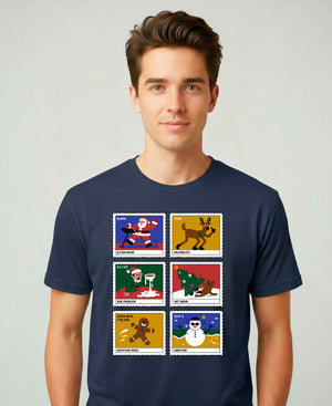 Christmas Stamps Meme Funny Tee – Red and white meme-style Christmas t-shirt with funny holiday mail design.