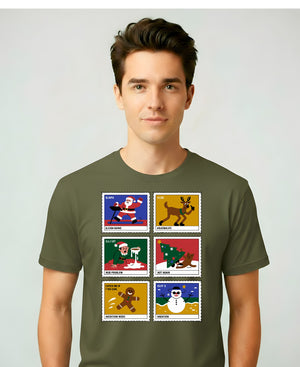 Christmas Stamps Meme Funny Tee – Red and white meme-style Christmas t-shirt with funny holiday mail design.