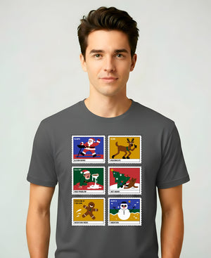 Christmas Stamps Meme Funny Tee – Red and white meme-style Christmas t-shirt with funny holiday mail design.