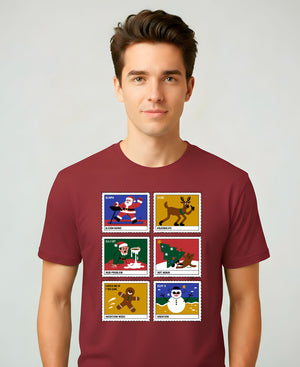 Christmas Stamps Meme Funny Tee – Red and white meme-style Christmas t-shirt with funny holiday mail design.