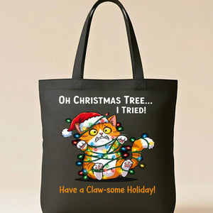 Claw-Some Holiday Tote Bag with playful cats and Christmas pun design