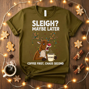 Coffee First Christmas Animal Meme T-Shirt with a dog holding a coffee cup