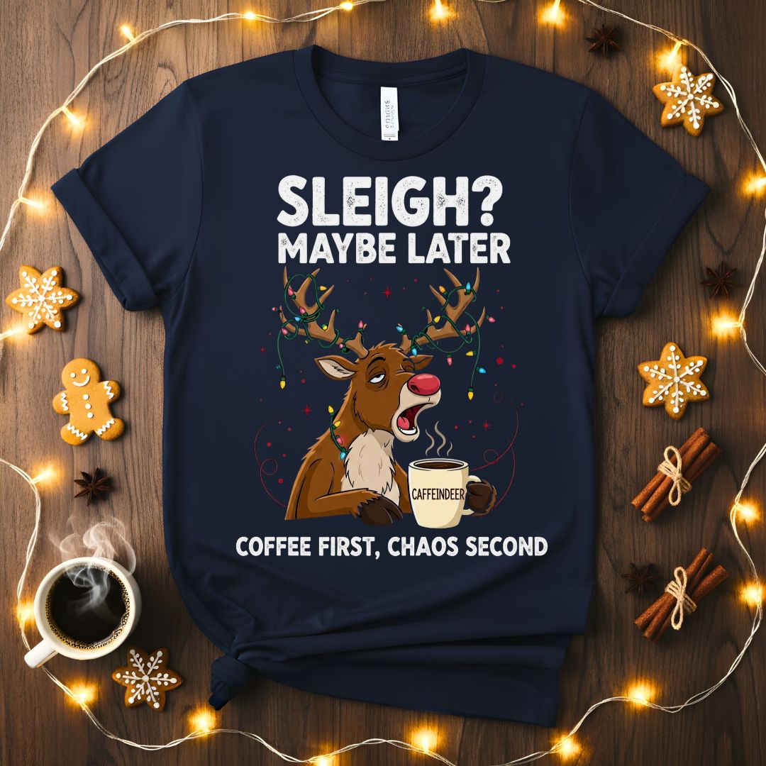 Coffee First Christmas Animal Meme T-Shirt with a dog holding a coffee cup