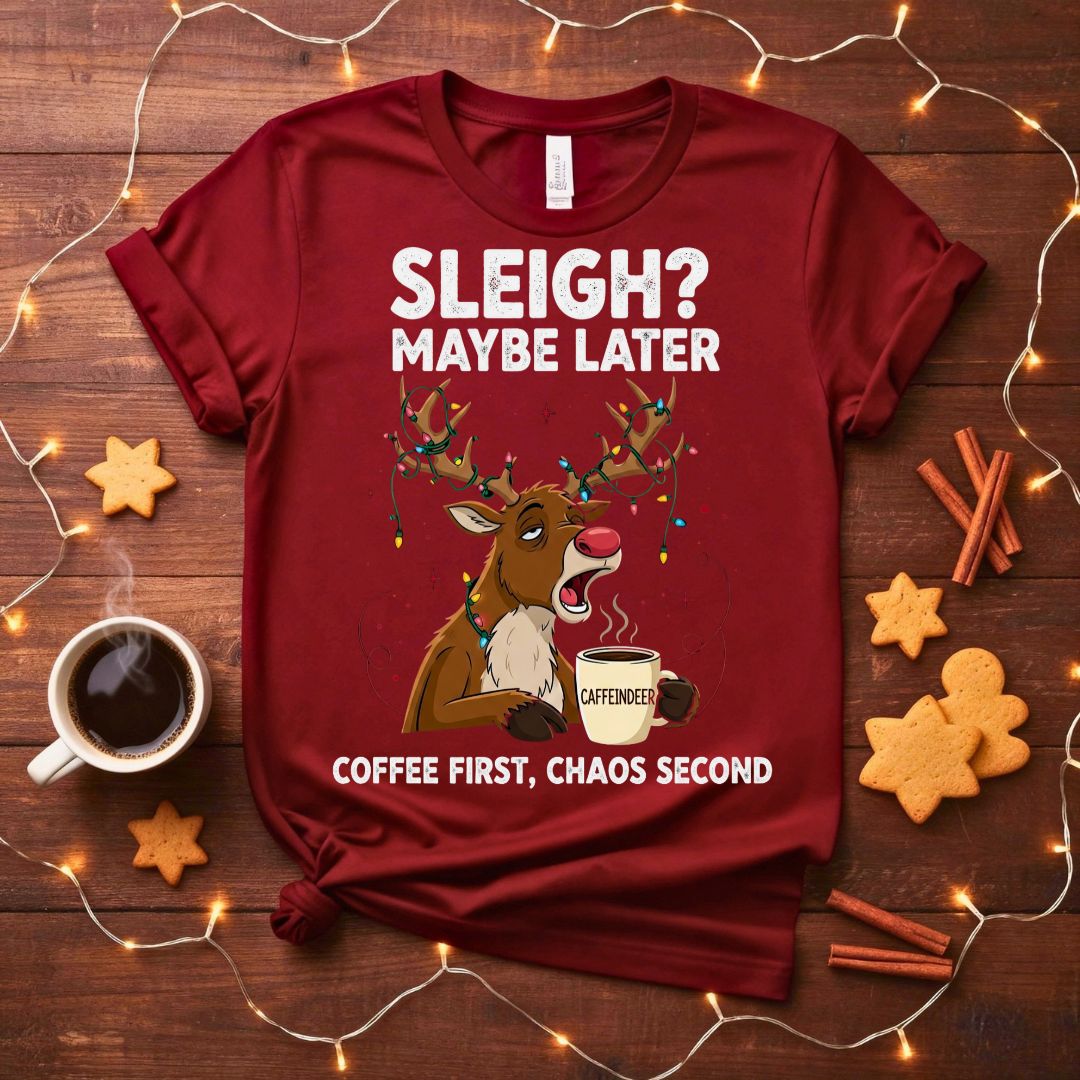 Coffee First Christmas Animal Meme T-Shirt with a dog holding a coffee cup