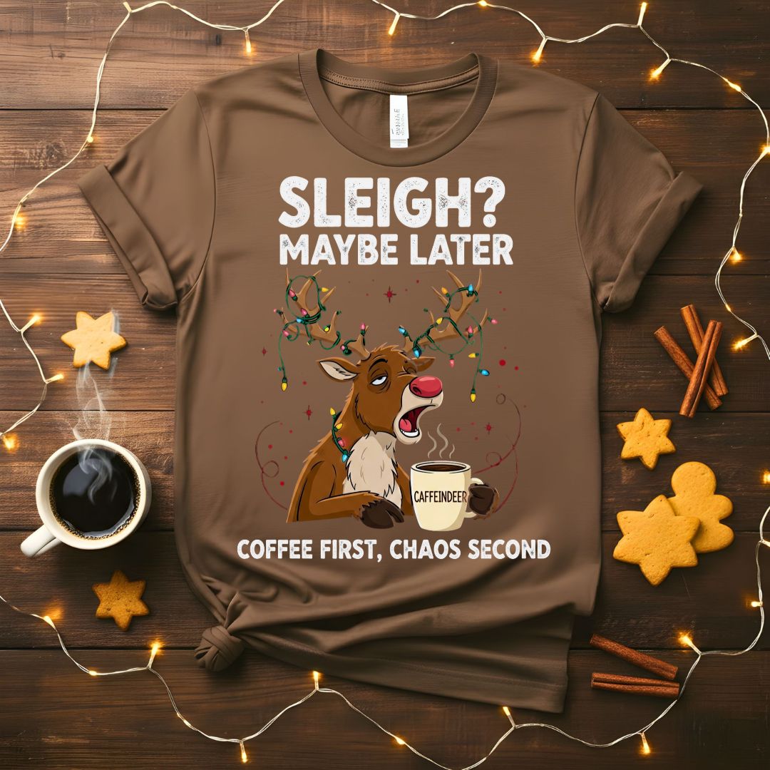 Coffee First Christmas Animal Meme T-Shirt with a dog holding a coffee cup