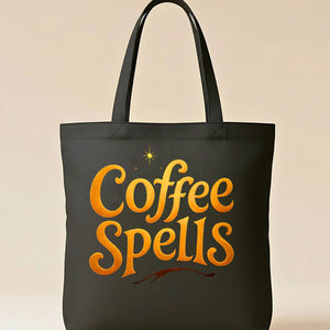Coffee Spells Tote Bag with whimsical typo design