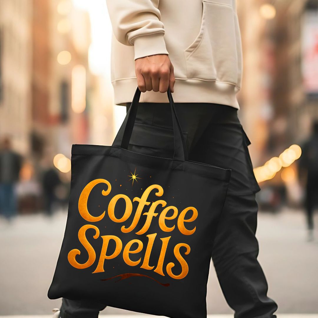 Coffee Spells Tote Bag with whimsical typo design