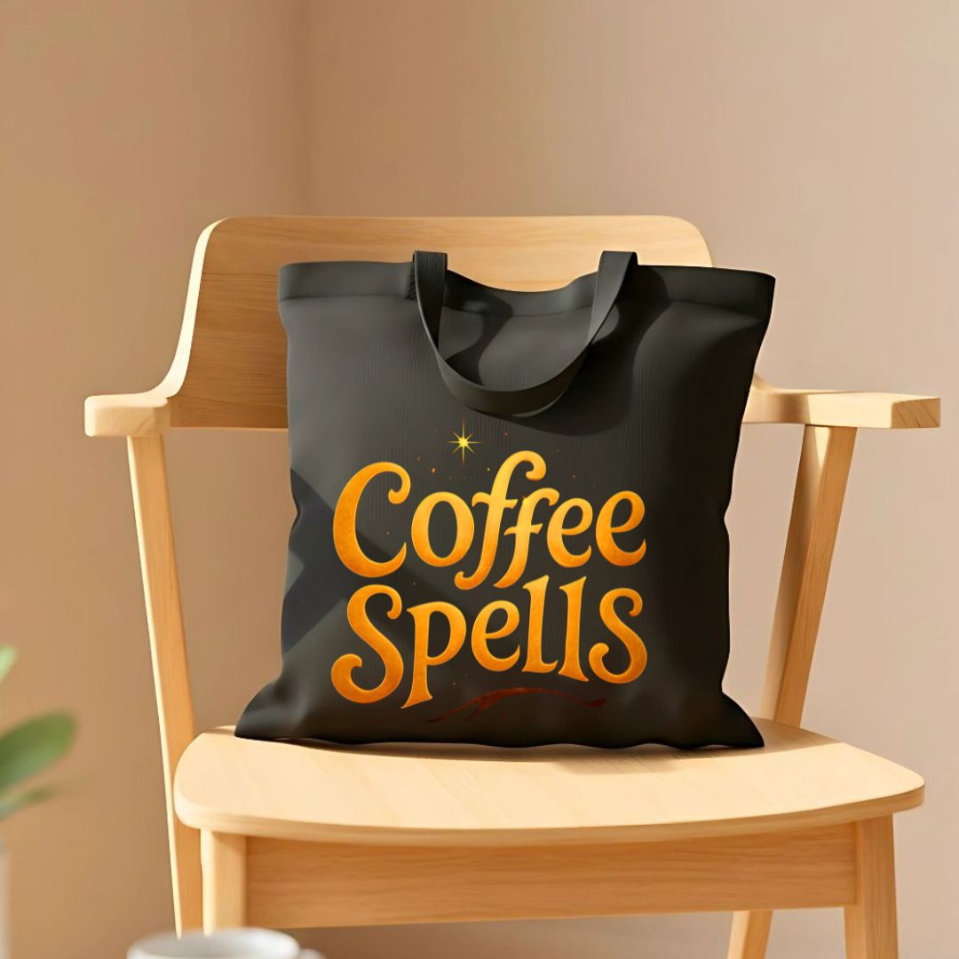 Coffee Spells Tote Bag with whimsical typo design