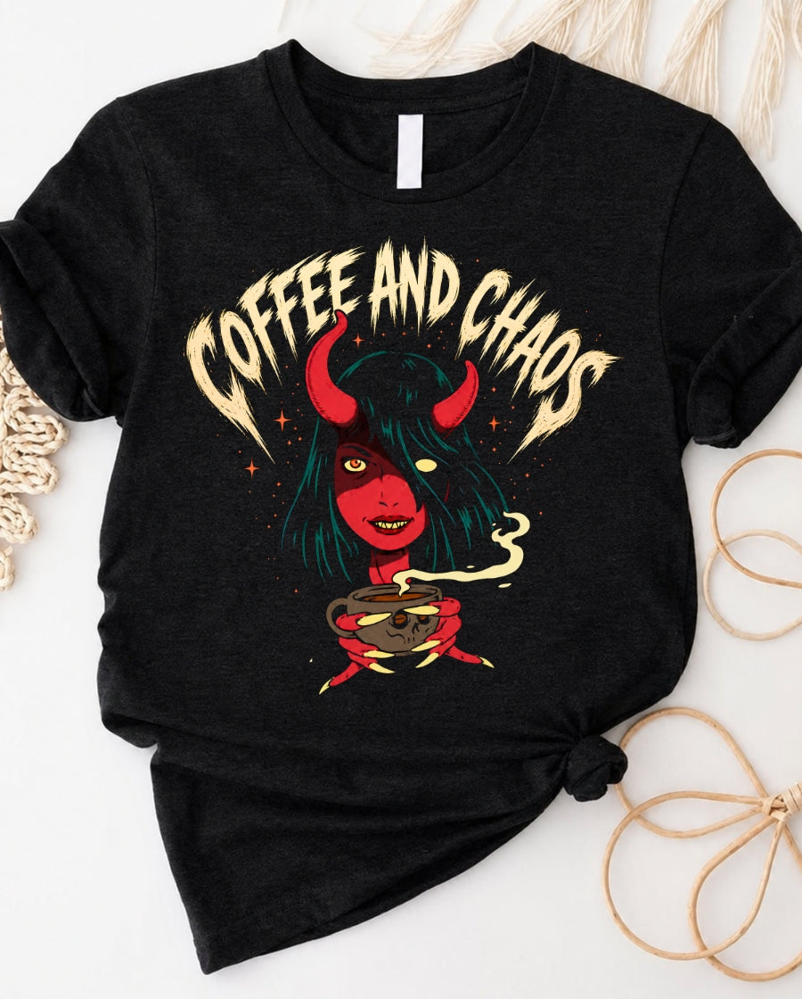 Coffee and chaos devil girl t-shirt with red devil woman holding coffee cup