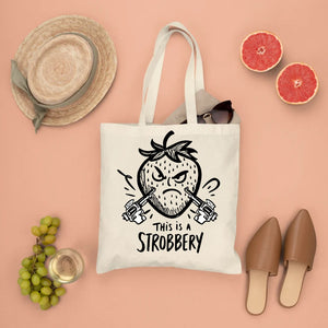 Colorful Stroberry Tote Bag with playful strawberry illustration—eco-friendly canvas bag by Memez Store