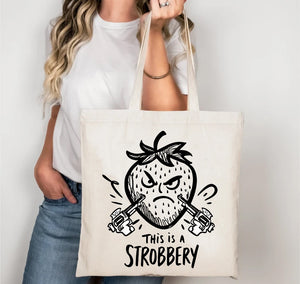 Colorful Stroberry Tote Bag with playful strawberry illustration—eco-friendly canvas bag by Memez Store