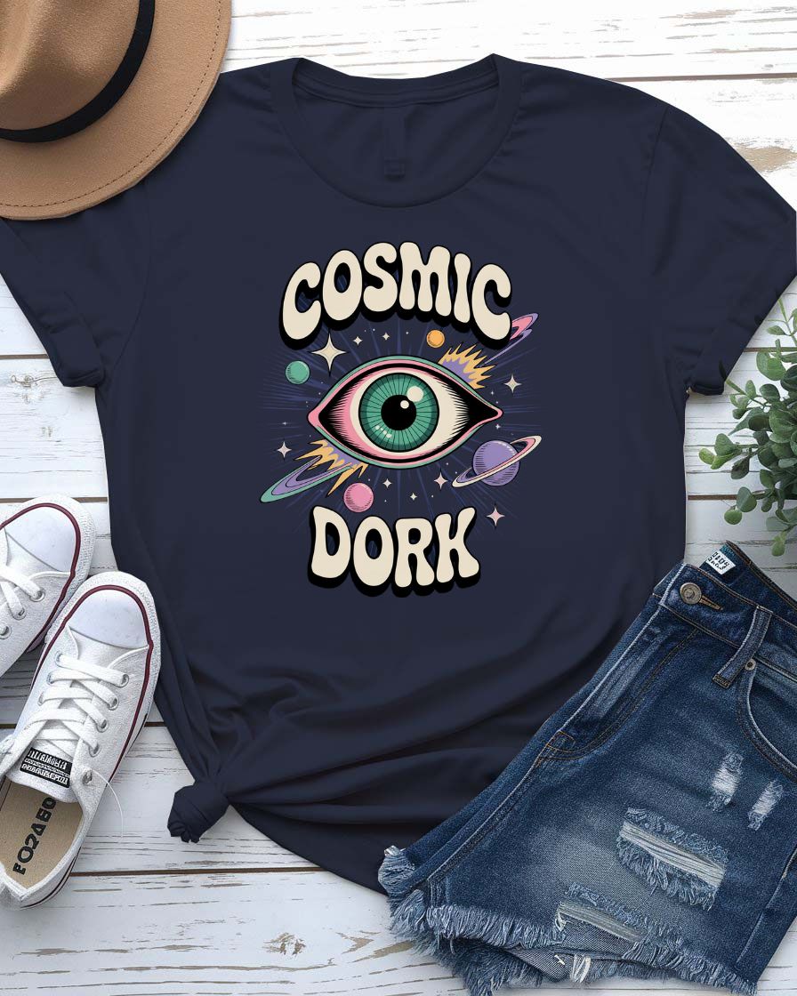 Cosmic Dork” meme t-shirt flatlay