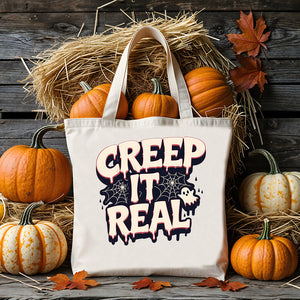 Creep It Real Halloween Tote Bag with ghost and pun design”