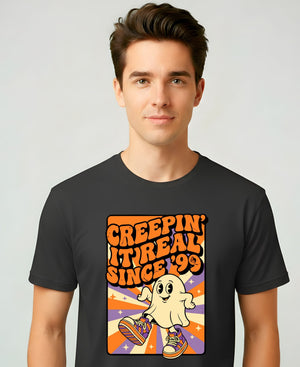 “Creepin’ It Real Since ’99 Halloween Meme Funny Tee – spooky retro meme t-shirt with ghost and vintage typography design”