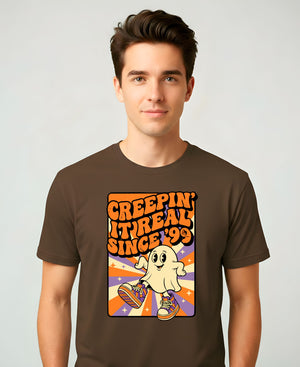 “Creepin’ It Real Since ’99 Halloween Meme Funny Tee – spooky retro meme t-shirt with ghost and vintage typography design”