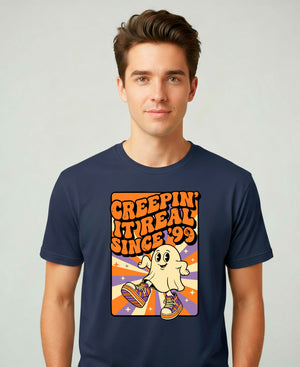 “Creepin’ It Real Since ’99 Halloween Meme Funny Tee – spooky retro meme t-shirt with ghost and vintage typography design”
