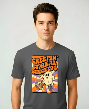 “Creepin’ It Real Since ’99 Halloween Meme Funny Tee – spooky retro meme t-shirt with ghost and vintage typography design”