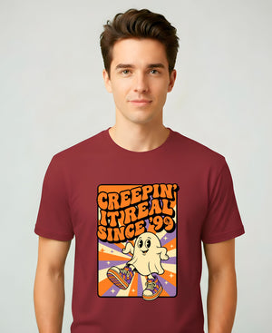 “Creepin’ It Real Since ’99 Halloween Meme Funny Tee – spooky retro meme t-shirt with ghost and vintage typography design”