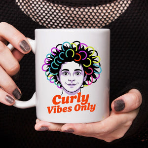 Curly Vibes Only ceramic mug with bold typography