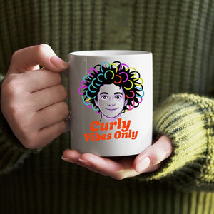 Curly Vibes Only ceramic mug with bold typography