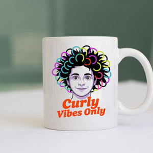 Curly Vibes Only ceramic mug with bold typography