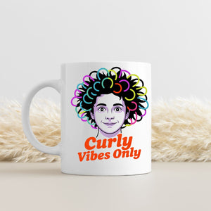 Curly Vibes Only ceramic mug with bold typography