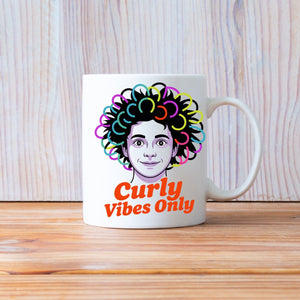 Curly Vibes Only ceramic mug with bold typography