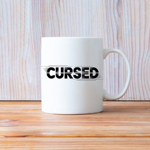 Bold typography Cursed mug close-up