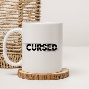 Bold typography Cursed mug close-up