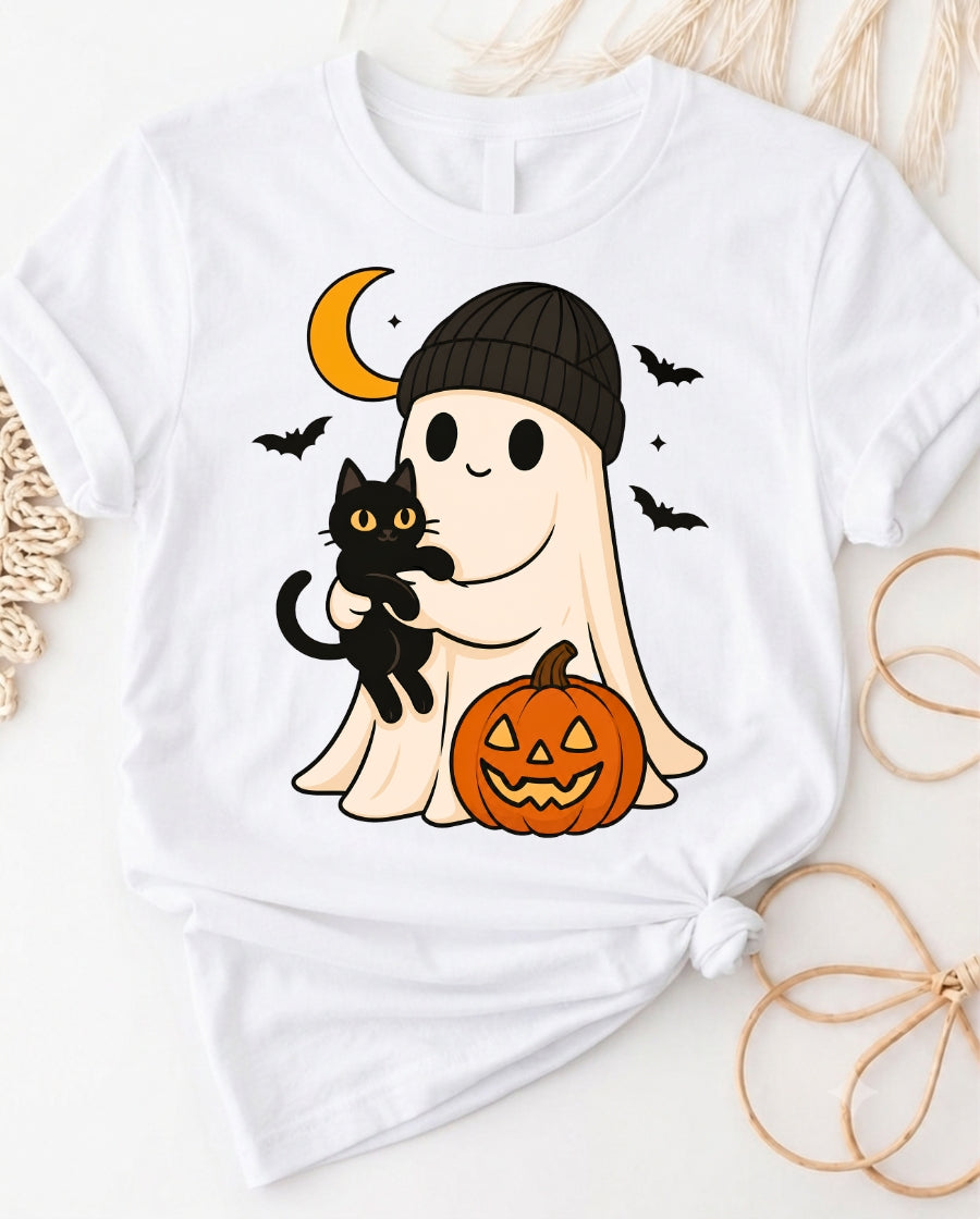 Cute ghost holding black cat and jack-o-lantern halloween t-shirt