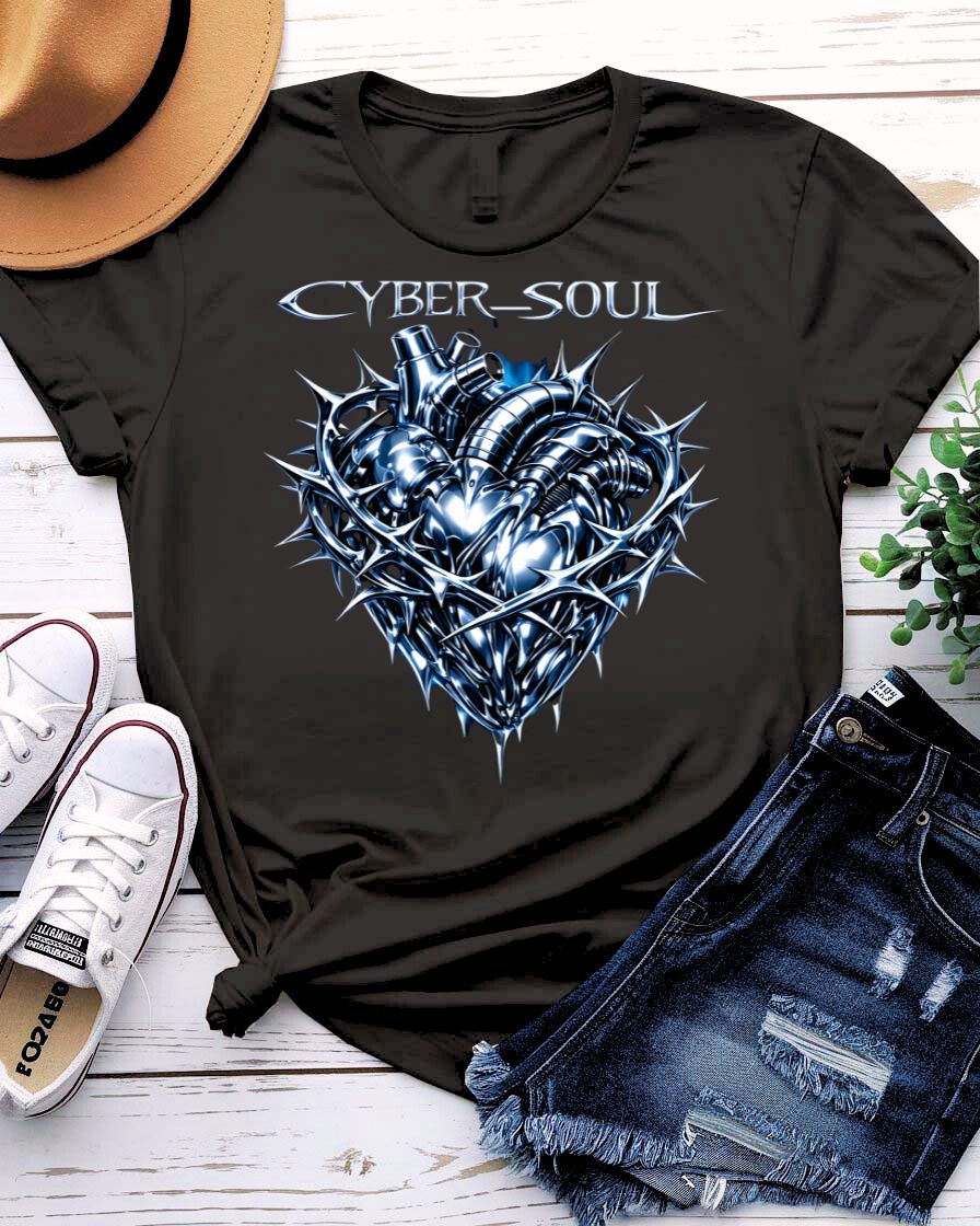 Cyber Soul Tee with glitch-art graphic of a data-stream human silhouette