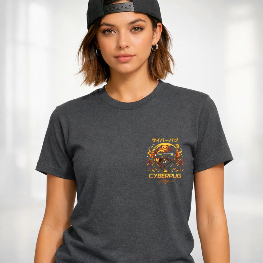 Cyberpug Streetwear Tee with neon-glowing cybernetic pug on model