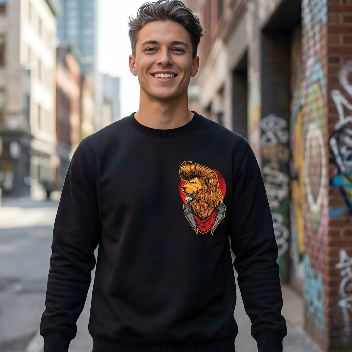 Dashing lion streetwear crewneck sweatshirt front view