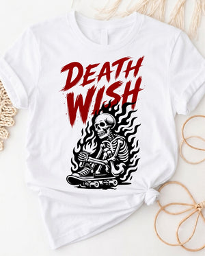 Death wish skateboard t-shirt with retro skeleton skater graphic