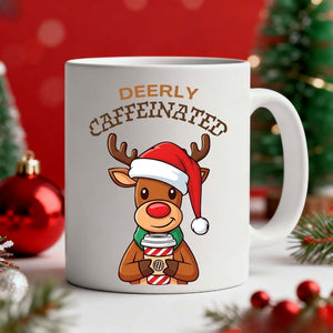 Deerly Caffeinated Coffee Christmas Funny Mug – festive reindeer meme coffee mug for caffeine lovers by Memez.Store.