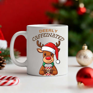 Deerly Caffeinated Coffee Christmas Funny Mug – festive reindeer meme coffee mug for caffeine lovers by Memez.Store.