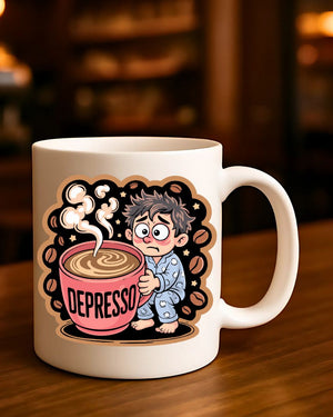 Depresso Coffee Anxiety Mug – Funny ceramic coffee cup with bold sarcastic text design.