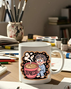 Depresso Coffee Anxiety Mug – Funny ceramic coffee cup with bold sarcastic text design.