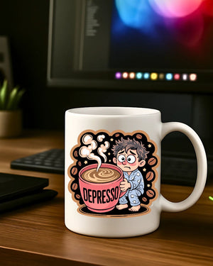 Depresso Coffee Anxiety Mug – Funny ceramic coffee cup with bold sarcastic text design.