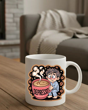 Depresso Coffee Anxiety Mug – Funny ceramic coffee cup with bold sarcastic text design.