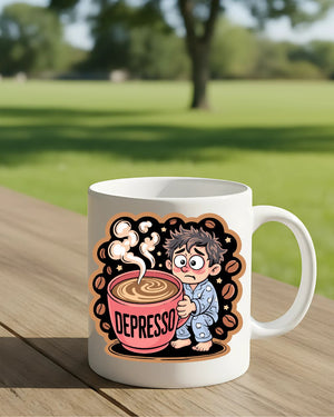 Depresso Coffee Anxiety Mug – Funny ceramic coffee cup with bold sarcastic text design.