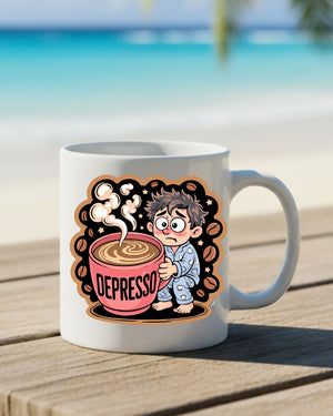 Depresso Coffee Anxiety Mug – Funny ceramic coffee cup with bold sarcastic text design.