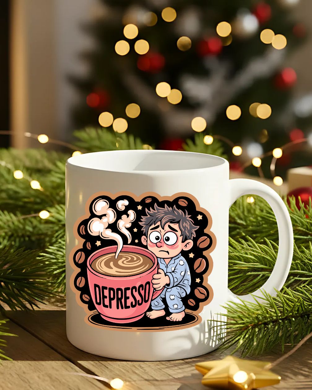 Depresso Coffee Anxiety Mug – Funny ceramic coffee cup with bold sarcastic text design.