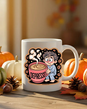Depresso Coffee Anxiety Mug – Funny ceramic coffee cup with bold sarcastic text design.